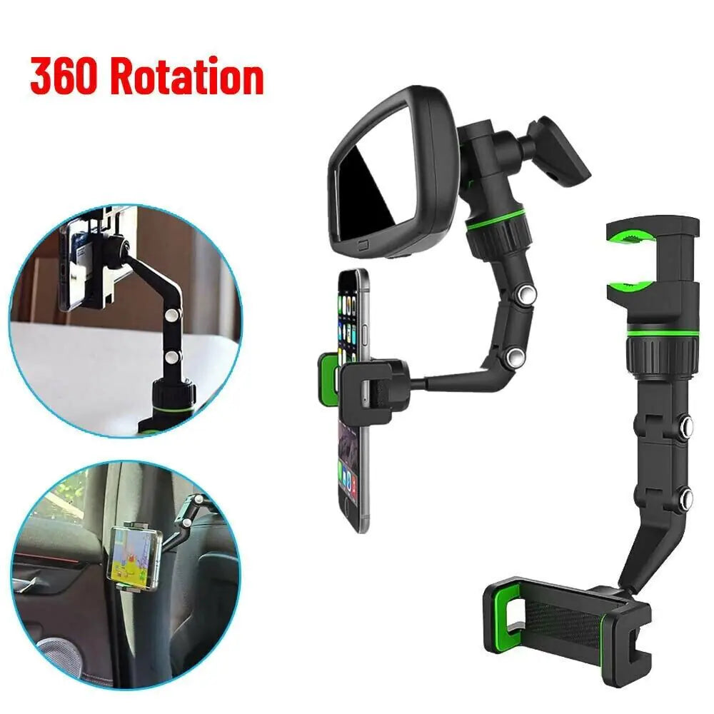 360° Car Rearview Mirror Rotation Adjustable Phone Holder Mount Multifunction